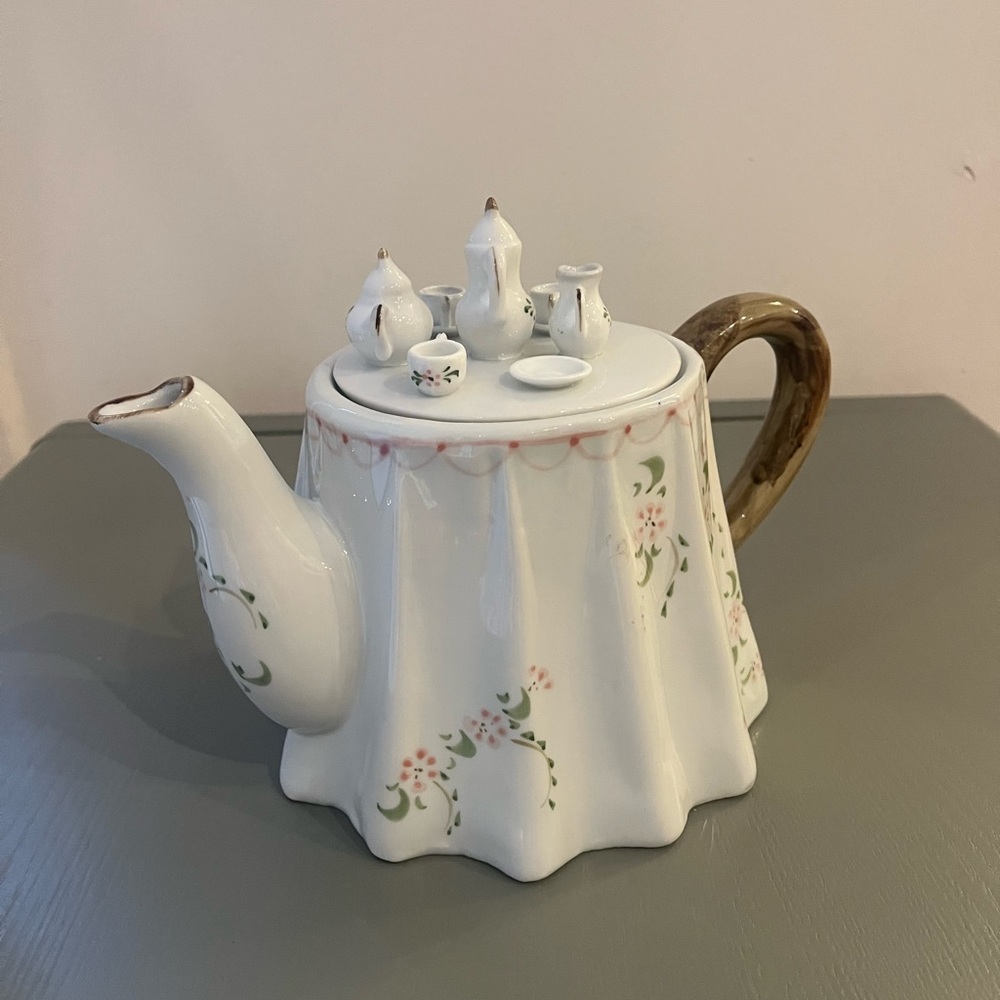Antique White Ceramic Teapot with Pink and Green Floral Accents